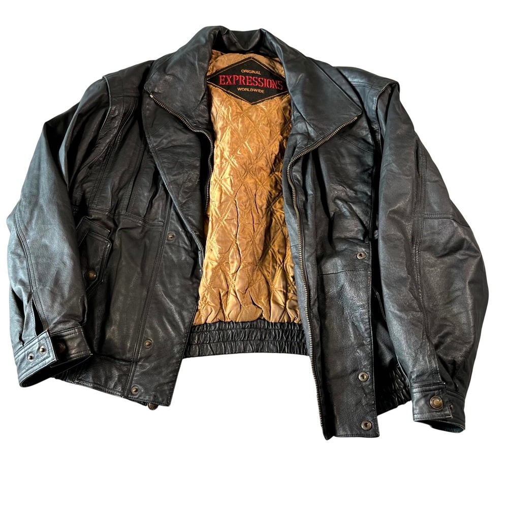 Vintage Expressions Worldwide Bomber Jacket Mens L Black Leather Shawl Collar